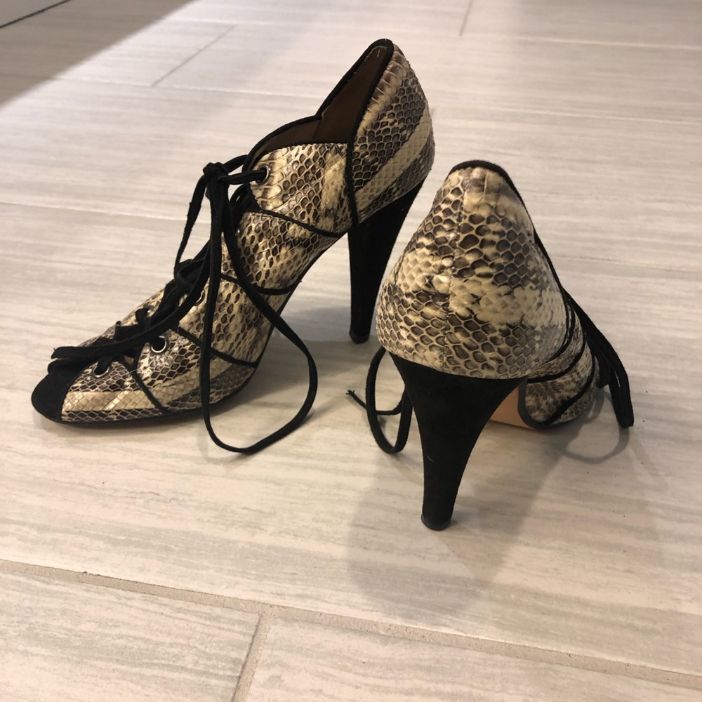 Reiss Snakeskin Leather Lace Up Velvet Heels